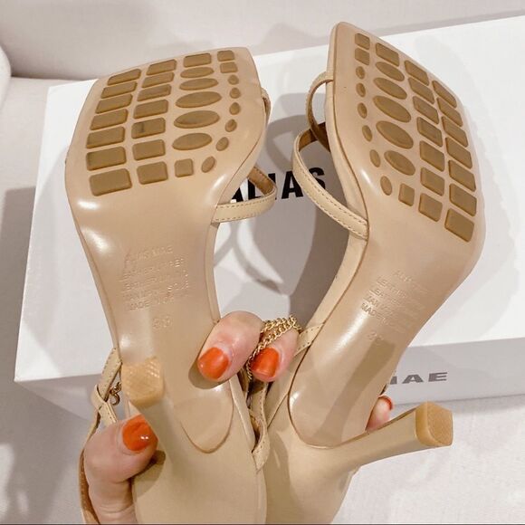Revolve Alias Mae Leather Strappy Chain Levi Sandal Heels Beige Size 38 US8 - Picture 8 of 12